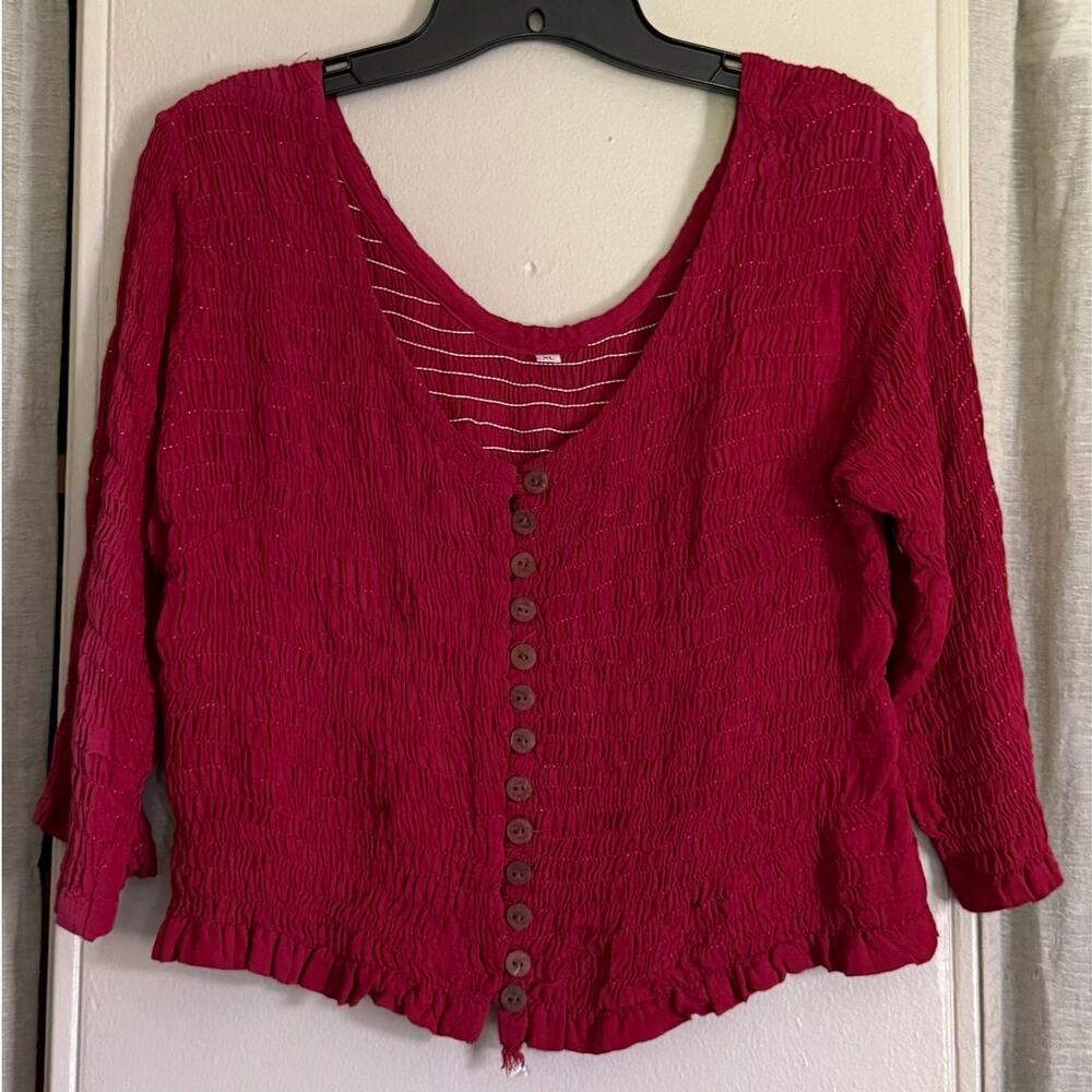 Vintage 90s Red Boho Smocked Button Up Crop Top